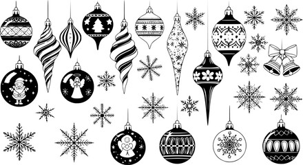 Collection of vintage Christmas tree ornaments and snowflakes
