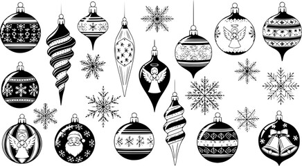 Collection of vintage Christmas tree ornaments and snowflakes
