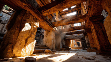 Ancient temple ruins off beaten path reveal stunning wooden beams and stone walls bathed in warm sunlight creating serene atmosphere