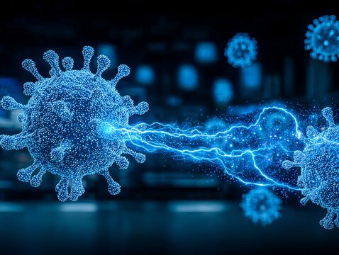 a vibrant blue digital illustration depicting electrified cells made of tiny beads and lightning