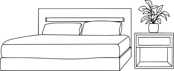 Minimalist line drawing of a bed and nightstand with plant
