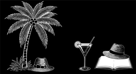 Palm tree, cocktail, and hat with open book
