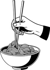 Hand holding chopsticks stirs bowl of noodles
