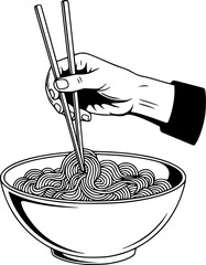 Hand holding chopsticks stirs bowl of noodles
