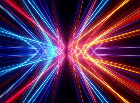 Abstract geometric design featuring vibrant converging light lines. Symmetrical arrangement of radiant blue, orange, red, and pink streaks on a dark backdrop creates a dynamic, futuristic effect.