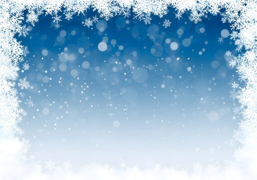 Abstract blue background with falling snow and frosty snowflake border, representing winter and christmas