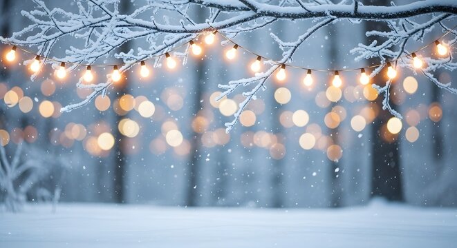 Twinkling fairy lights strung across snowcovered branches in a winter forest, creating a magical and festive atmosphere with bokeh