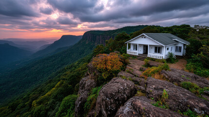 Serene temple off beaten path offers breathtaking views of mountains and valleys at sunset, creating peaceful retreat in nature
