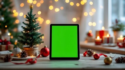 Christmas Tablet Mockup with Green Screen on Festive Holiday Background