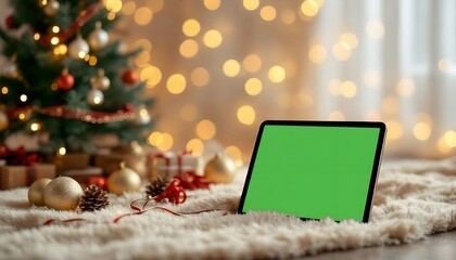 Christmas Tablet Mockup with Green Screen on Festive Holiday Background