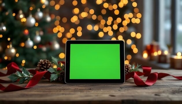 Christmas Tablet Mockup with Green Screen on Festive Holiday Background