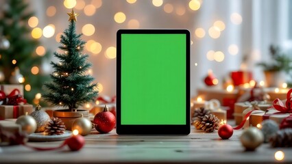 Christmas Tablet Mockup with Green Screen on Festive Holiday Background