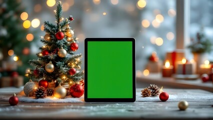 Christmas Tablet Mockup with Green Screen on Festive Holiday Background