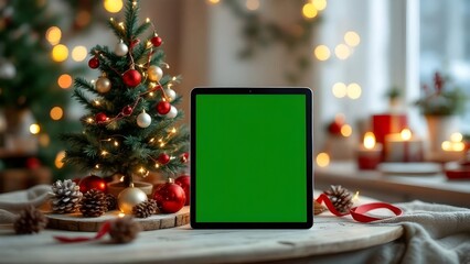 Christmas Tablet Mockup with Green Screen on Festive Holiday Background