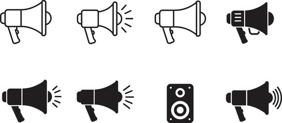 Megaphone and speaker icon set, sound symbol collection, broadcasting device graphics, audio communication signs, black silhouette vector illustrations