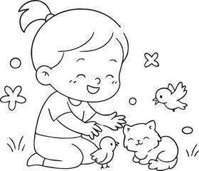 Minimal Toddler Silhouette Collection – Clean Baby Activity Line Art on White Background- baby with kitten and chicks 