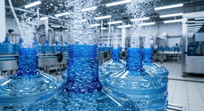 Industrial water bottling factory with large blue bottles on conveyor belt