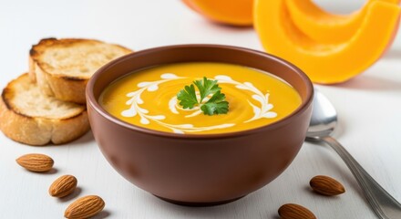 Delicious creamy pumpkin soup in brown bowl with bread and almonds isolated on white background