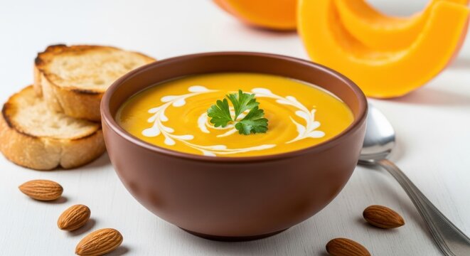 Delicious creamy pumpkin soup in brown bowl with bread and almonds isolated on white background