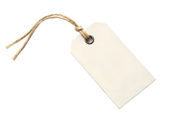 Blank off-white paper tag with rustic natural twine string, ideal for custom branding, product pricing, or personalized messages, isolated on a clean white backdrop