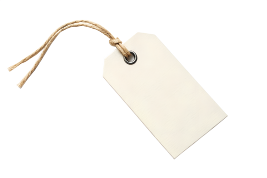 Blank off-white paper tag with rustic natural twine string, ideal for custom branding, product pricing, or personalized messages, isolated on a clean white backdrop