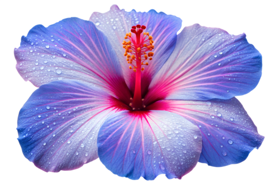 Stunning Close-Up of a Blue and Purple Hibiscus Flower with Water Droplets, Isolated on a White Background for Design or Decoration
