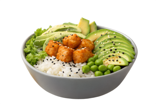A healthy poke bowl with crispy tofu, fresh avocado, edamame, and sesame seeds on rice. This nutritious Asian dish is isolated on a white background
