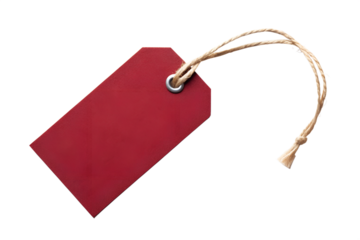 A blank red paper gift tag with a rustic twine string, perfect for labeling presents on Christmas or Valentine's Day, isolated on a white background for easy design mockups
