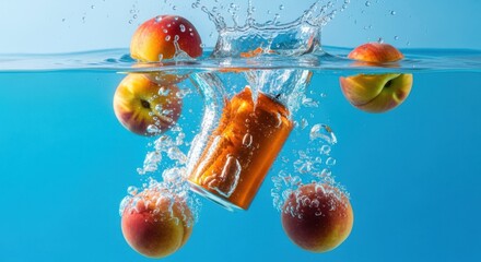 Fresh apples and carrot submerged in splashing water with vibrant blue background