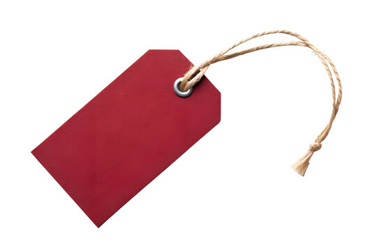 A blank red paper gift tag with a rustic twine string, perfect for labeling presents on Christmas or Valentine's Day, isolated on a white background for easy design mockups