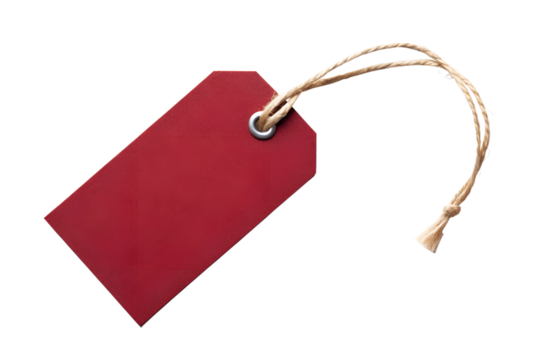 A blank red paper gift tag with a rustic twine string, perfect for labeling presents on Christmas or Valentine's Day, isolated on a white background for easy design mockups