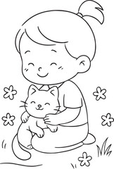 Minimal Toddler Silhouette Collection – Clean Baby Activity Line Art on White Background-girl with cute kitten