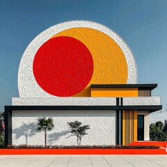 Modern Geometric House with Red and Yellow Circular Facade
