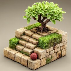 Miniature Stone Staircase with Moss and Small Tree
