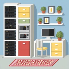 Pastel Home Office with Server Rack and Plants