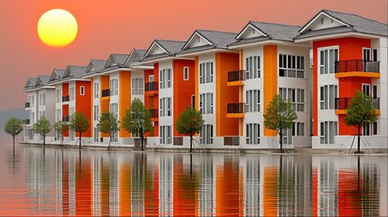 Orange and White Buildings Submerged in Floodwaters at Sunset