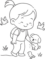 Minimal Toddler Silhouette Collection – Clean Baby Activity Line Art on White Background-girl with cute puppy