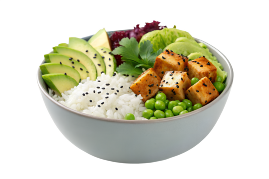 Delicious and healthy vegan tofu rice bowl topped with fresh avocado, vibrant edamame, and crisp lettuce, perfect for a nutritious meal