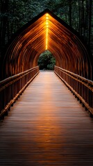 Illuminated Wooden Bridge Pathway Through a Dark Forest at Night