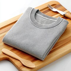 Folded Gray and White Patterned Shirt on Wooden Cutting Board
