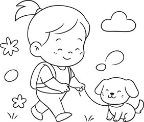 Minimal Toddler Silhouette Collection – Clean Baby Activity Line Art on White Background-cute girl holding a puppy