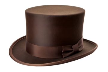 Elegant Victorian-style brown top hat with satin ribbon and bow, a classic formal accessory for special occasions