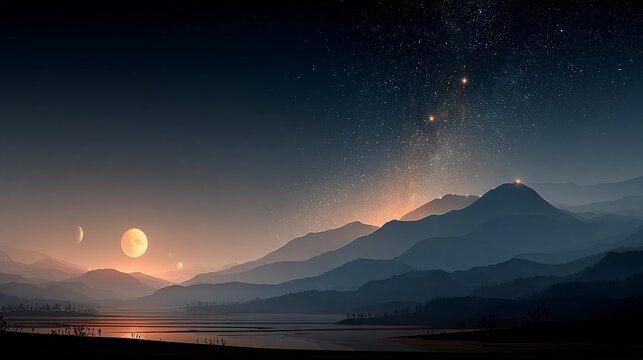 a stunning sunset scene featuring mountains and stars in the sky