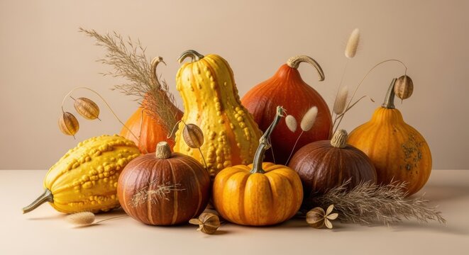 Assorted autumn gourds and pumpkins with wheat decoration isolated on white background - Powered by Adobe