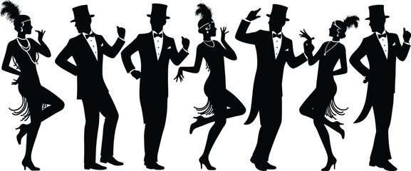 Black silhouettes of flapper women and men in formal wear dancing black and white