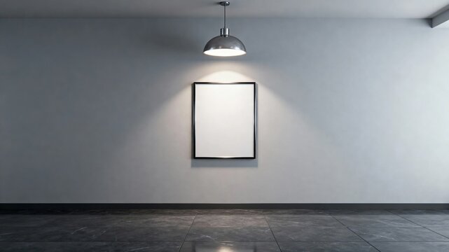 Empty framed canvas on a wall illuminated by a ceiling light in a minimalist room