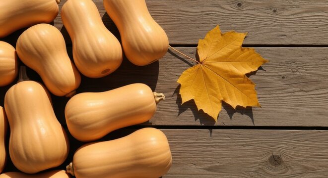 Freshly harvested butternut squash with autumn leaf on rustic wooden table - Powered by Adobe