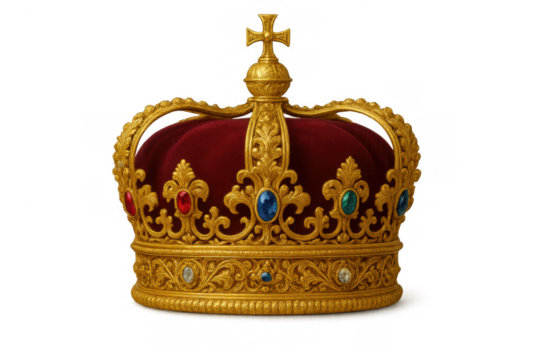 Golden royal crown with red velvet and colorful jewels representing monarchy, power, and leadership on transparent background