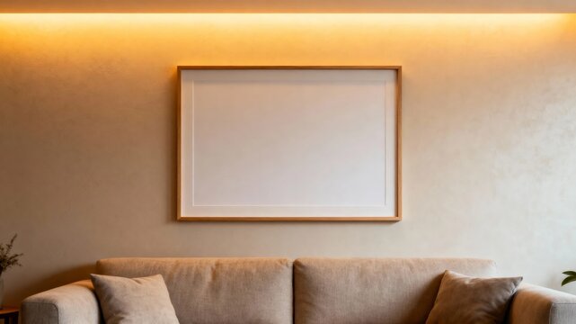 Minimalist living room with beige sofa and empty framed artwork on wall