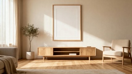 Minimalist living room with wooden furniture, large framed artwork, and natural light